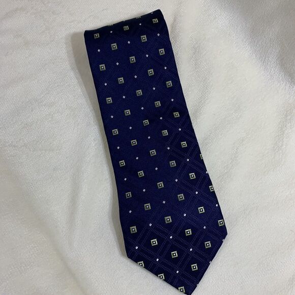 Nordstrom Necktie Silk Navy Blue Yellow Tie Geometric Diamonds Squares USA Corp - Picture 9 of 9